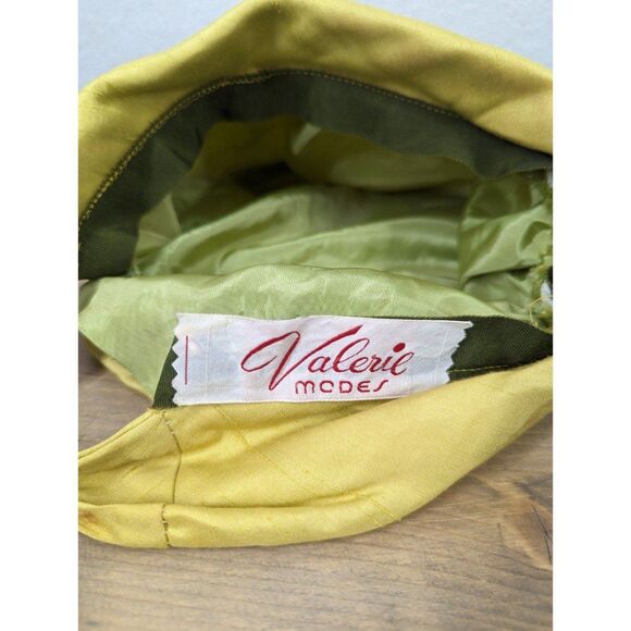 Vintage Valerie Modes Satin Tie Back Hat Chartreuse Green MCM Artsy Indie - Picture 6 of 12